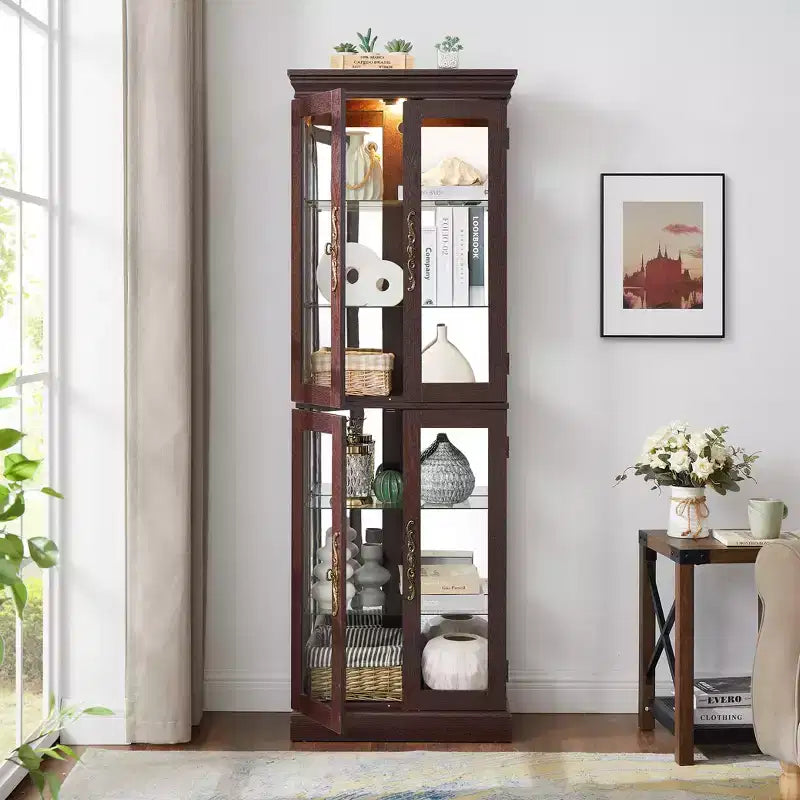 Lighted Glass Curio Display Cabinet with Adjustable Shelves, High-Quality Hinge, and Vintage Handles