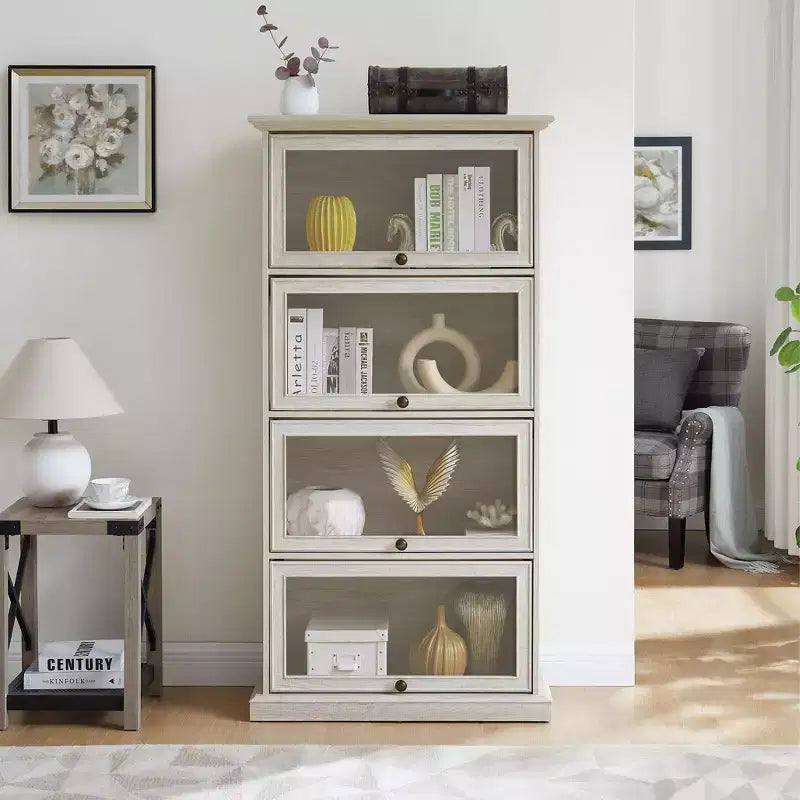 4-Tier Glass Display Cabinet with Flip-Up Doors, Tempered Glass, and Adjustable Shelves for Collectibles
