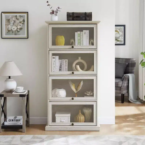 4-Tier Glass Display Cabinet with Flip-Up Doors, Tempered Glass, and Adjustable Shelves for Collectibles