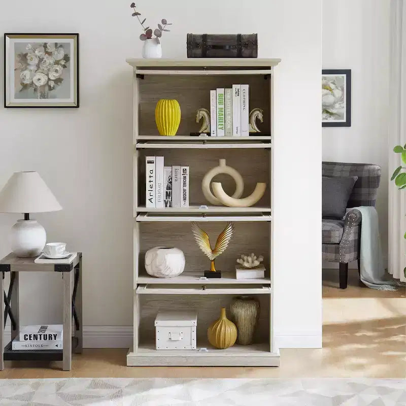 4-Tier Glass Display Cabinet with Flip-Up Doors, Tempered Glass, and Adjustable Shelves for Collectibles