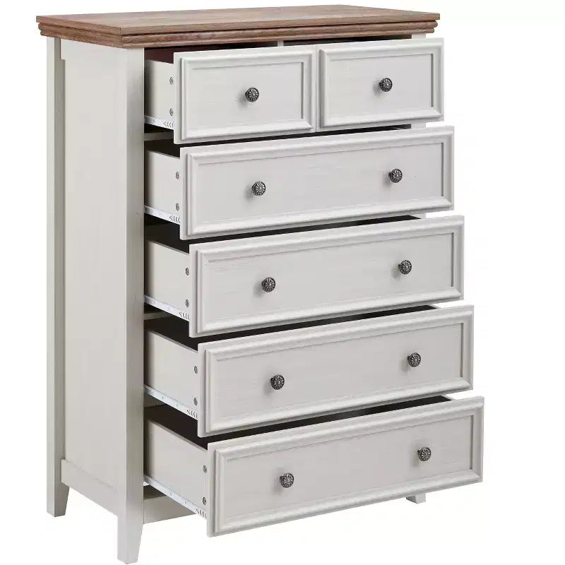 Modern 6-Drawer Dresser with Vintage Carved Handles and Metal Rails for Bedroom Storage