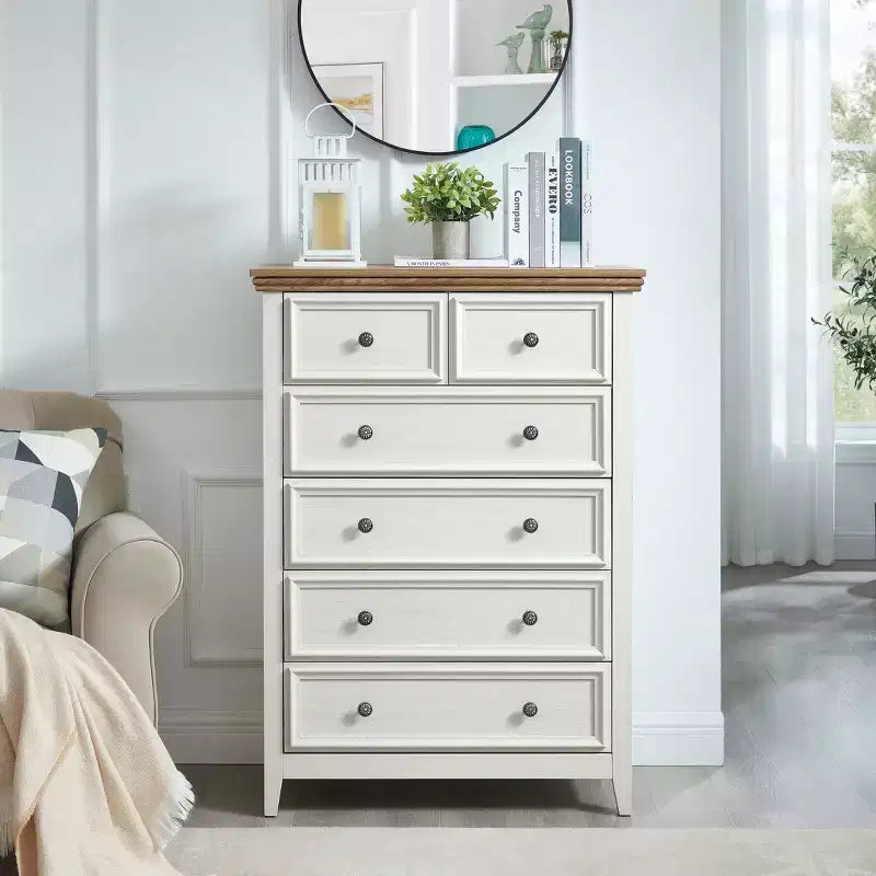Modern 6-Drawer Dresser with Vintage Carved Handles and Metal Rails for Bedroom Storage
