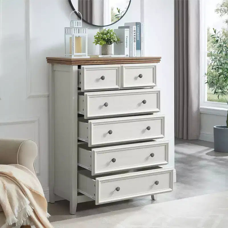 Modern 6-Drawer Dresser with Vintage Carved Handles and Metal Rails for Bedroom Storage