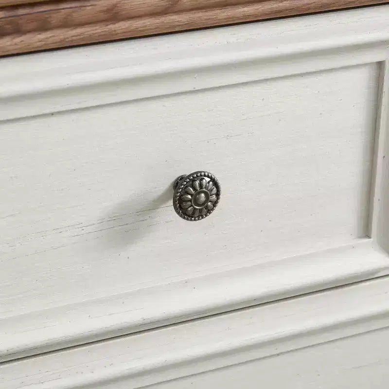 Modern 6-Drawer Dresser with Vintage Carved Handles and Metal Rails for Bedroom Storage