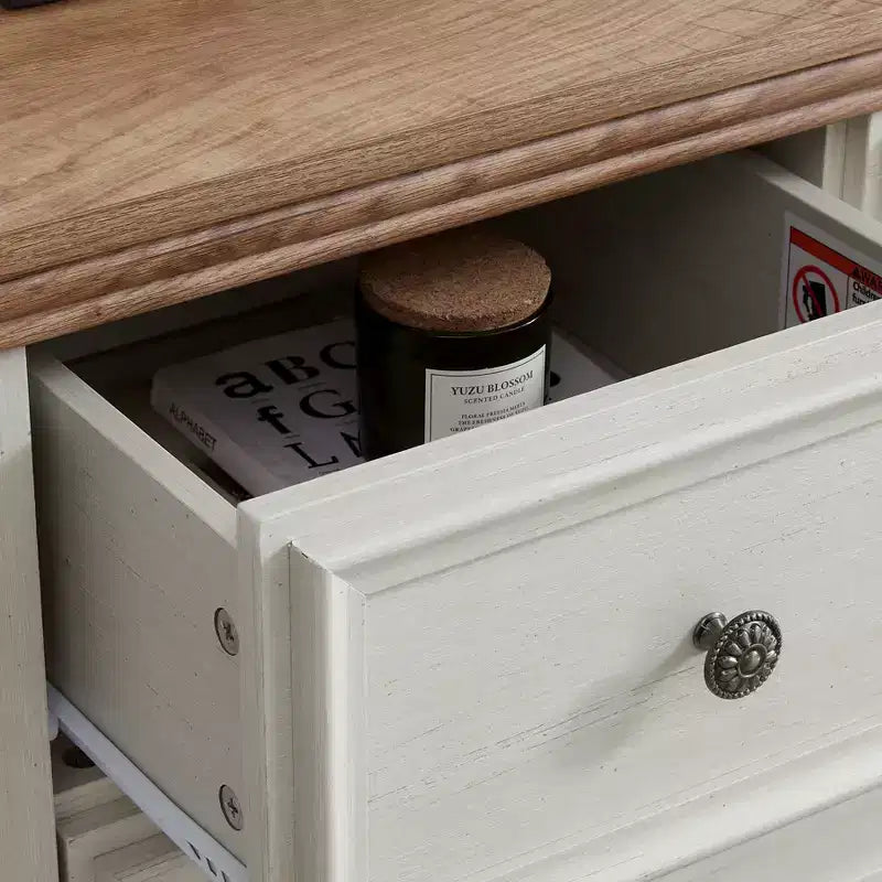 Modern 6-Drawer Dresser with Vintage Carved Handles and Metal Rails for Bedroom Storage