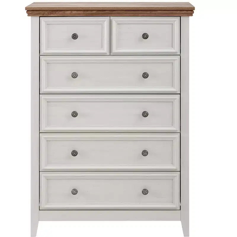 Modern 6-Drawer Dresser with Vintage Carved Handles and Metal Rails for Bedroom Storage