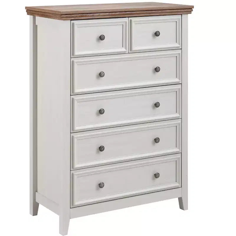 Modern 6-Drawer Dresser with Vintage Carved Handles and Metal Rails for Bedroom Storage