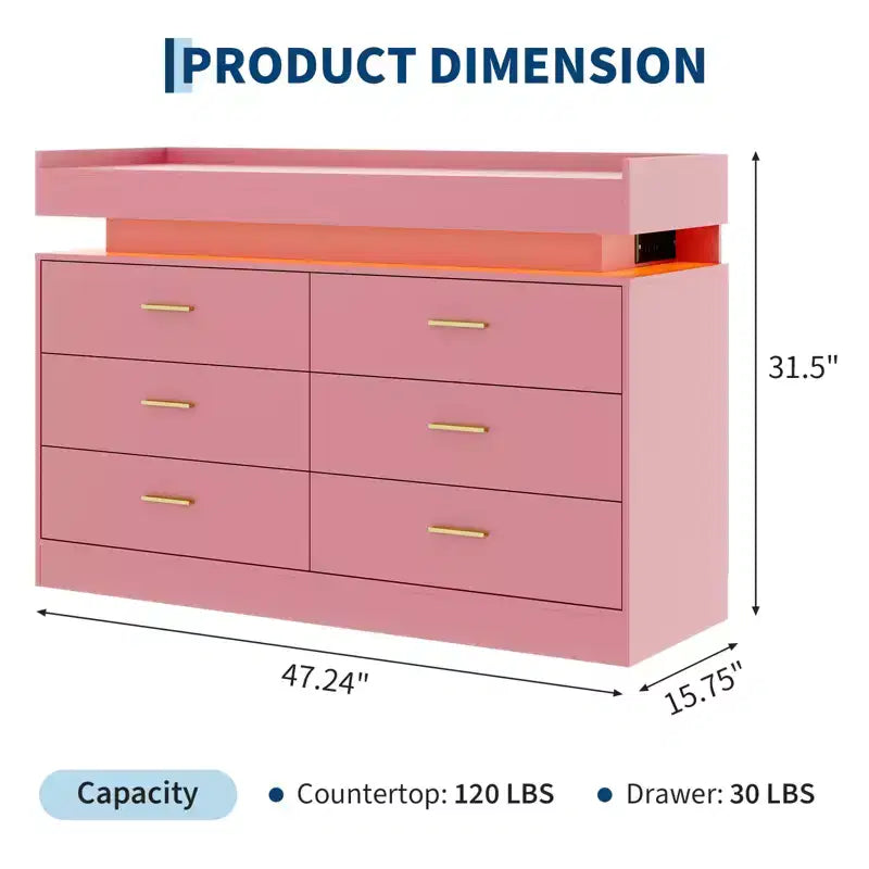 6 Drawer Dresser, Chest of Drawers for Closet with Floating LED Lights & Charging Station, Drawer Cabinet for Bedroom, Living Room, 47.24w