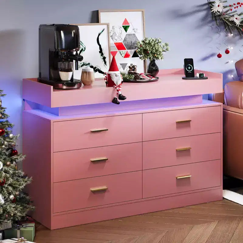 6 Drawer Dresser, Chest of Drawers for Closet with Floating LED Lights & Charging Station, Drawer Cabinet for Bedroom, Living Room, 47.24w