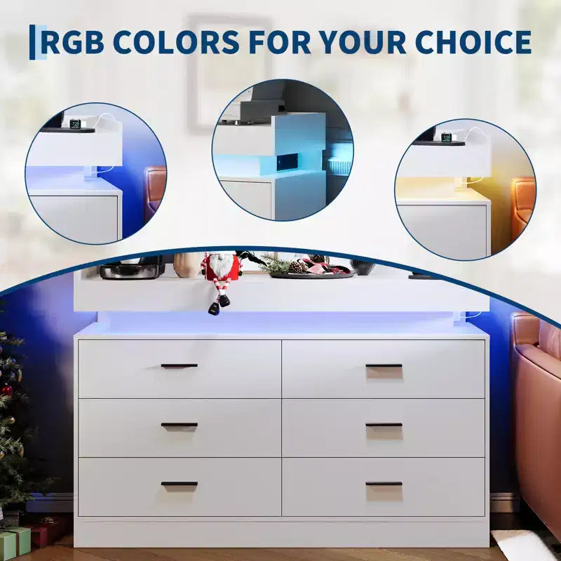 6 Drawer Dresser, Chest of Drawers for Closet with Floating LED Lights & Charging Station, Drawer Cabinet for Bedroom, Living Room, 47.24w