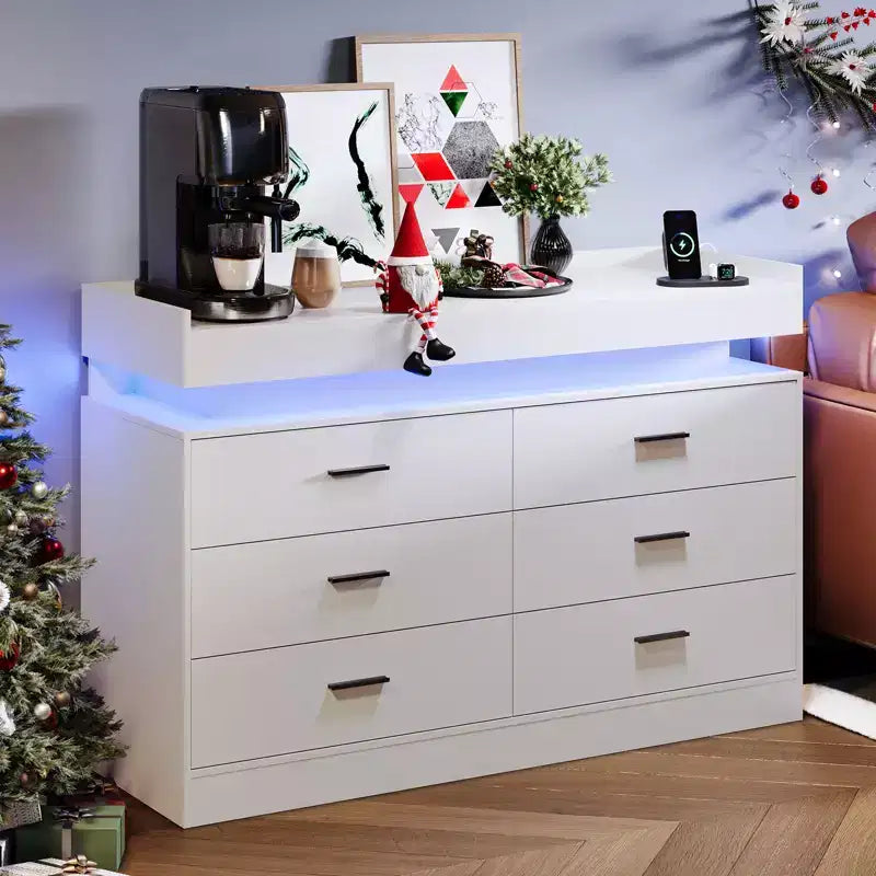 6 Drawer Dresser, Chest of Drawers for Closet with Floating LED Lights & Charging Station, Drawer Cabinet for Bedroom, Living Room, 47.24w