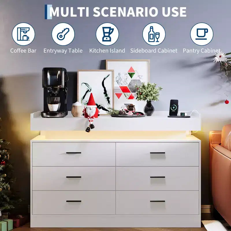 6 Drawer Dresser, Chest of Drawers for Closet with Floating LED Lights & Charging Station, Drawer Cabinet for Bedroom, Living Room, 47.24w