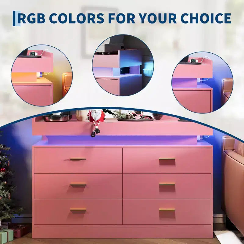 6 Drawer Dresser, Chest of Drawers for Closet with Floating LED Lights & Charging Station, Drawer Cabinet for Bedroom, Living Room, 47.24w