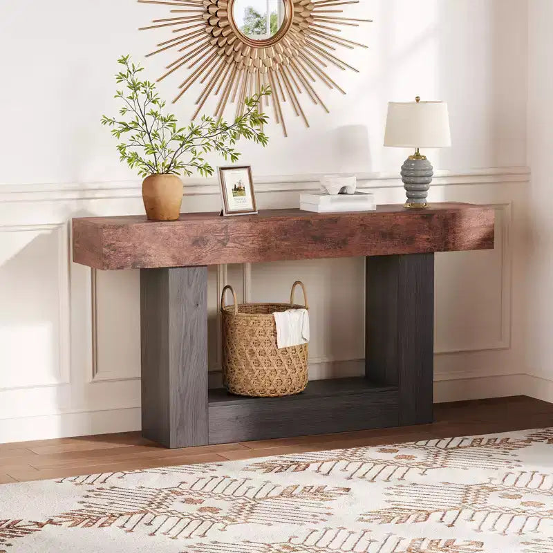 63 in Farmhouse Entryway Table with Storage & Charging Station, 2 Tier Narrow Console Table Behind Couch, Wooden Hallway Furniture for Entrance Foyer