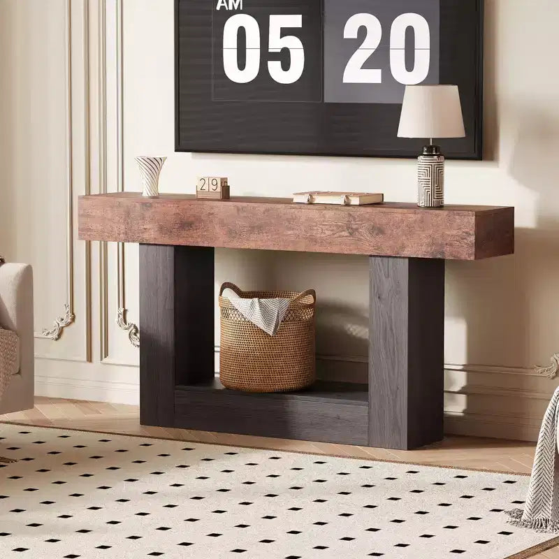 63 in Farmhouse Entryway Table with Storage & Charging Station, 2 Tier Narrow Console Table Behind Couch, Wooden Hallway Furniture for Entrance Foyer