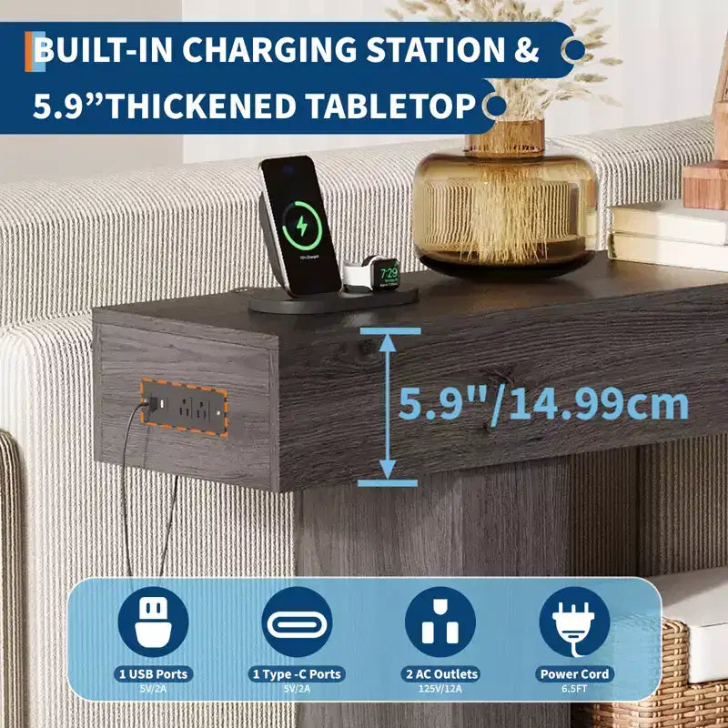 63 in Farmhouse Entryway Table with Storage & Charging Station, 2 Tier Narrow Console Table Behind Couch, Wooden Hallway Furniture for Entrance Foyer