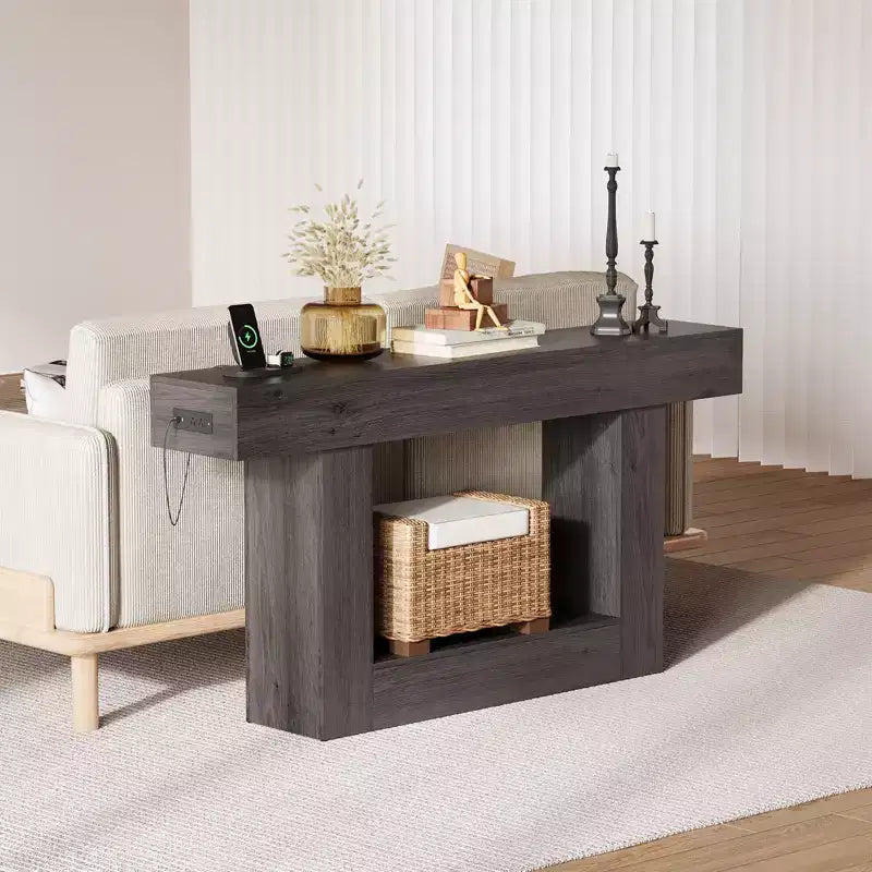 63 in Farmhouse Entryway Table with Storage & Charging Station, 2 Tier Narrow Console Table Behind Couch, Wooden Hallway Furniture for Entrance Foyer