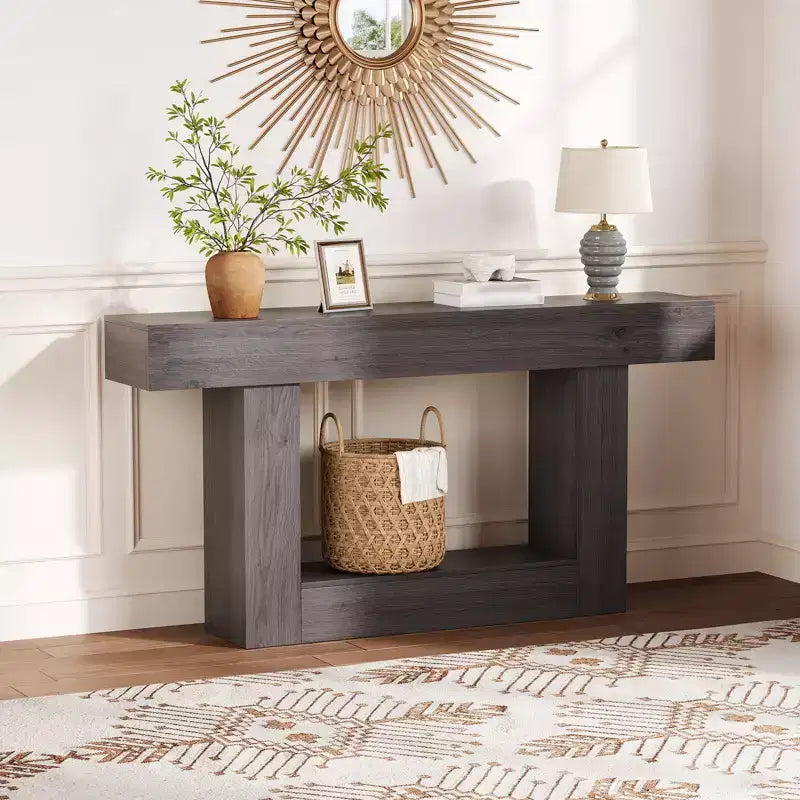 63 in Farmhouse Entryway Table with Storage & Charging Station, 2 Tier Narrow Console Table Behind Couch, Wooden Hallway Furniture for Entrance Foyer