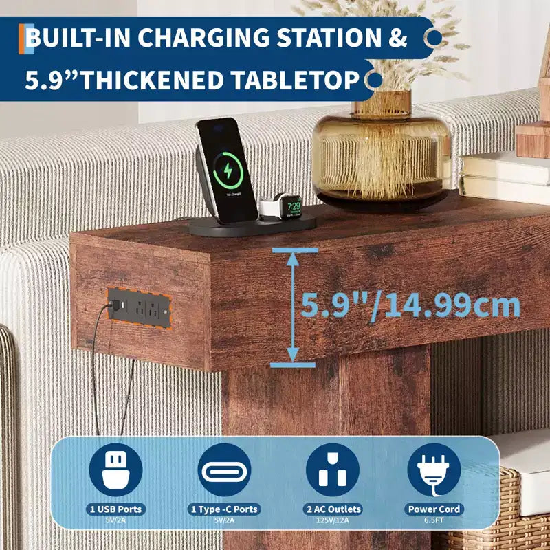 63 in Farmhouse Entryway Table with Storage & Charging Station, 2 Tier Narrow Console Table Behind Couch, Wooden Hallway Furniture for Entrance Foyer