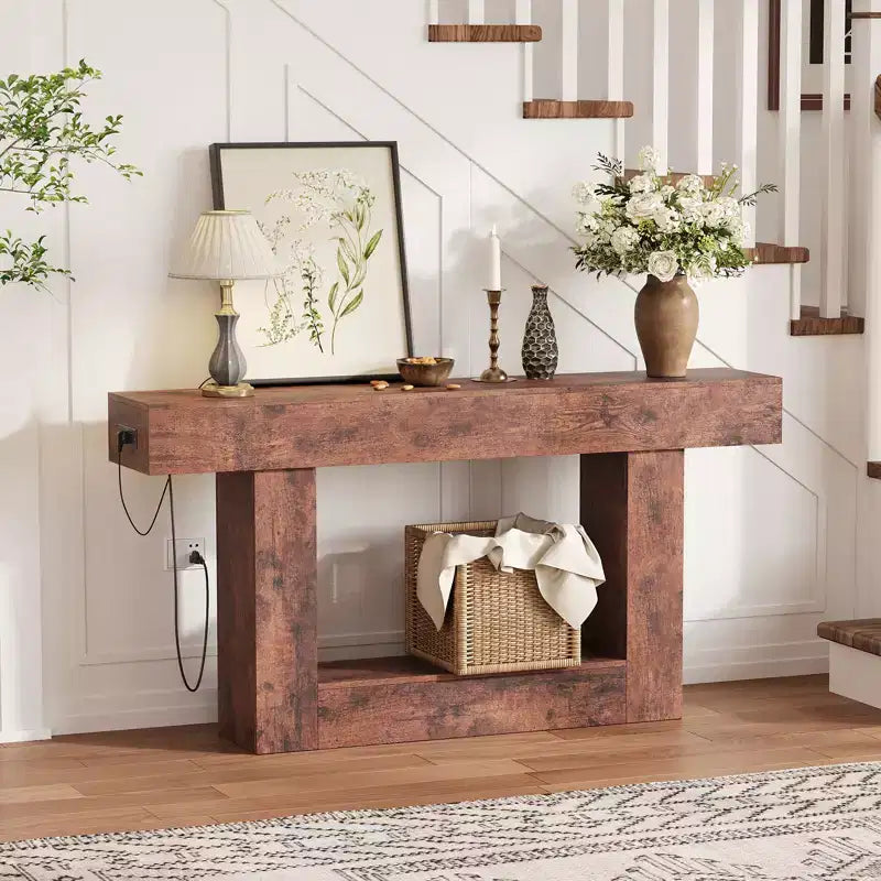 63 in Farmhouse Entryway Table with Storage & Charging Station, 2 Tier Narrow Console Table Behind Couch, Wooden Hallway Furniture for Entrance Foyer