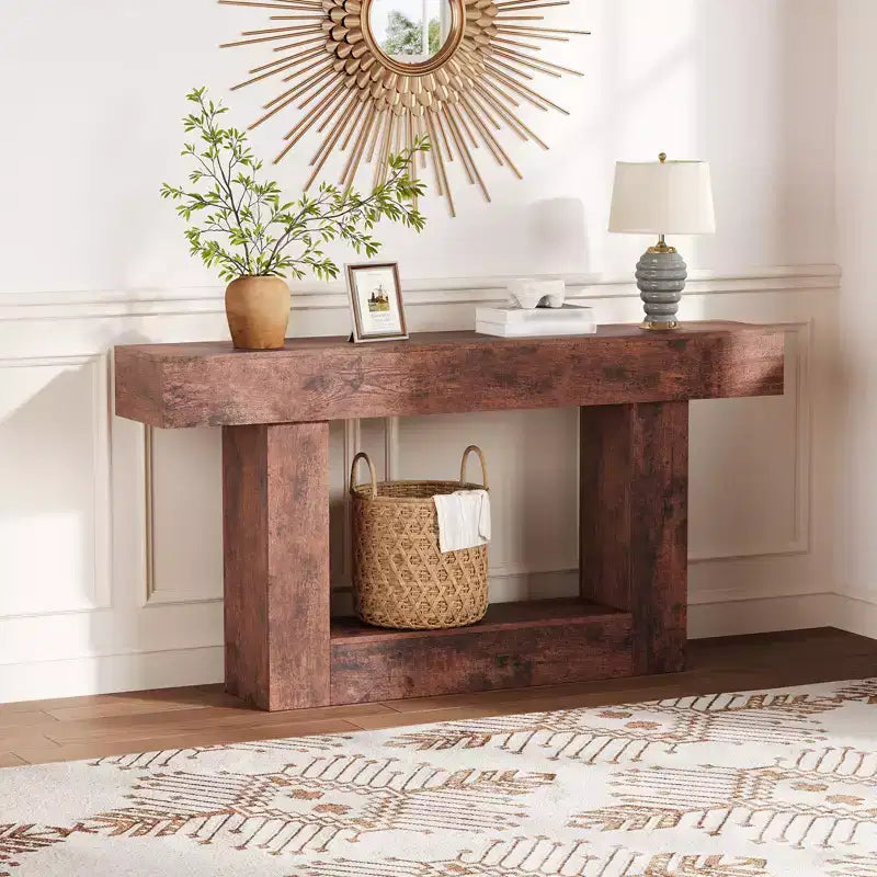 63 in Farmhouse Entryway Table with Storage & Charging Station, 2 Tier Narrow Console Table Behind Couch, Wooden Hallway Furniture for Entrance Foyer