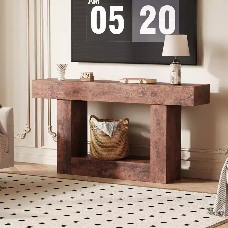 63 in Farmhouse Entryway Table with Storage & Charging Station, 2 Tier Narrow Console Table Behind Couch, Wooden Hallway Furniture for Entrance Foyer