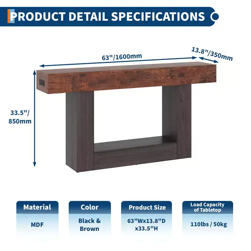 63 in Farmhouse Entryway Table with Storage & Charging Station, 2 Tier Narrow Console Table Behind Couch, Wooden Hallway Furniture for Entrance Foyer