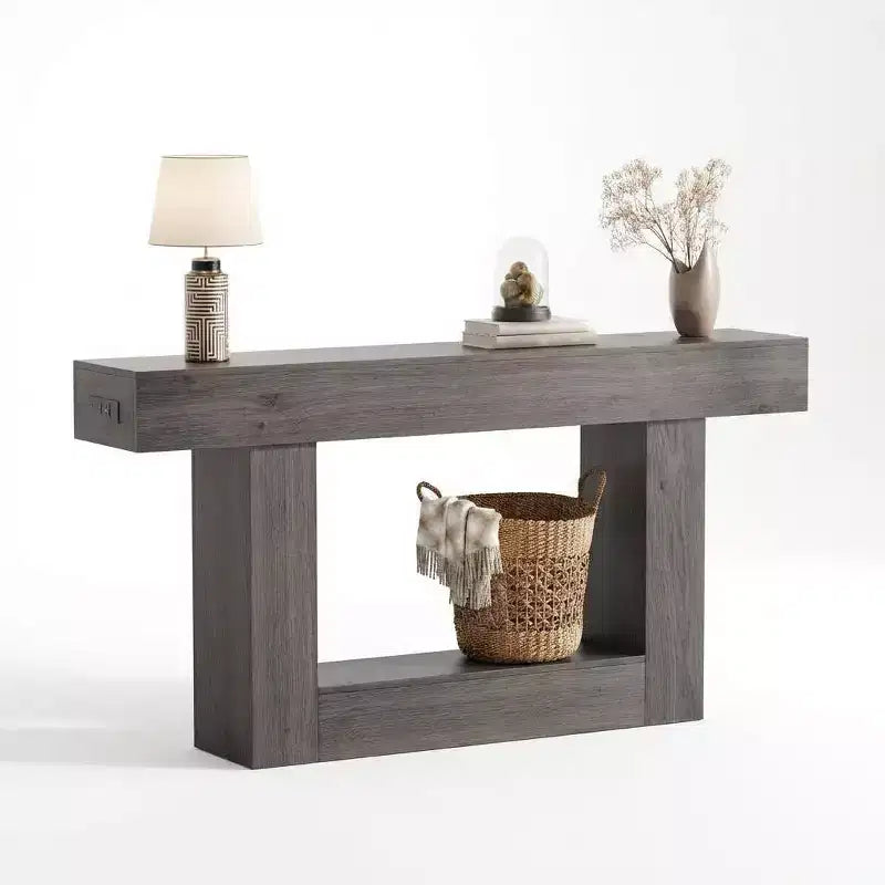 Table d'entrée de ferme de 63 po avec rangement et station de recharge, console étroite à 2 niveaux derrière le canapé, meuble de couloir en bois pour hall d'entrée