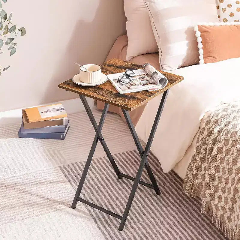ACOINEL Folding TV Tray Table, Wooden Portable Sofa Side Table, Industrial Snack End Table for Small Spaces - Space-Saving, Easy Install & Fold