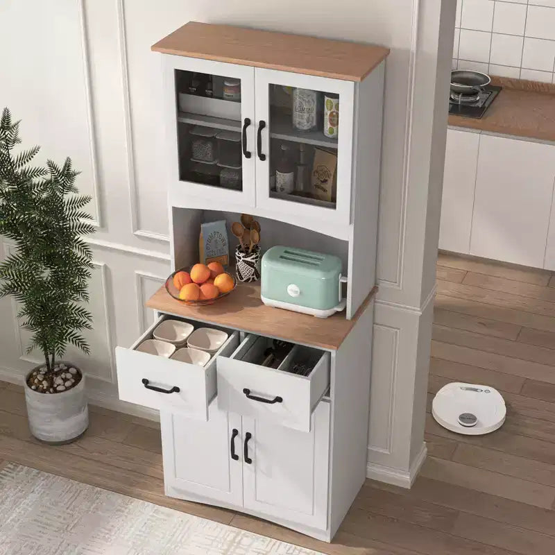 JVNOXK 23-inch Wooden Kitchen Cabinet, Pantry Microwave Cabinet with Glass Doors and Drawers, Featuring Adjustable Shelves, White