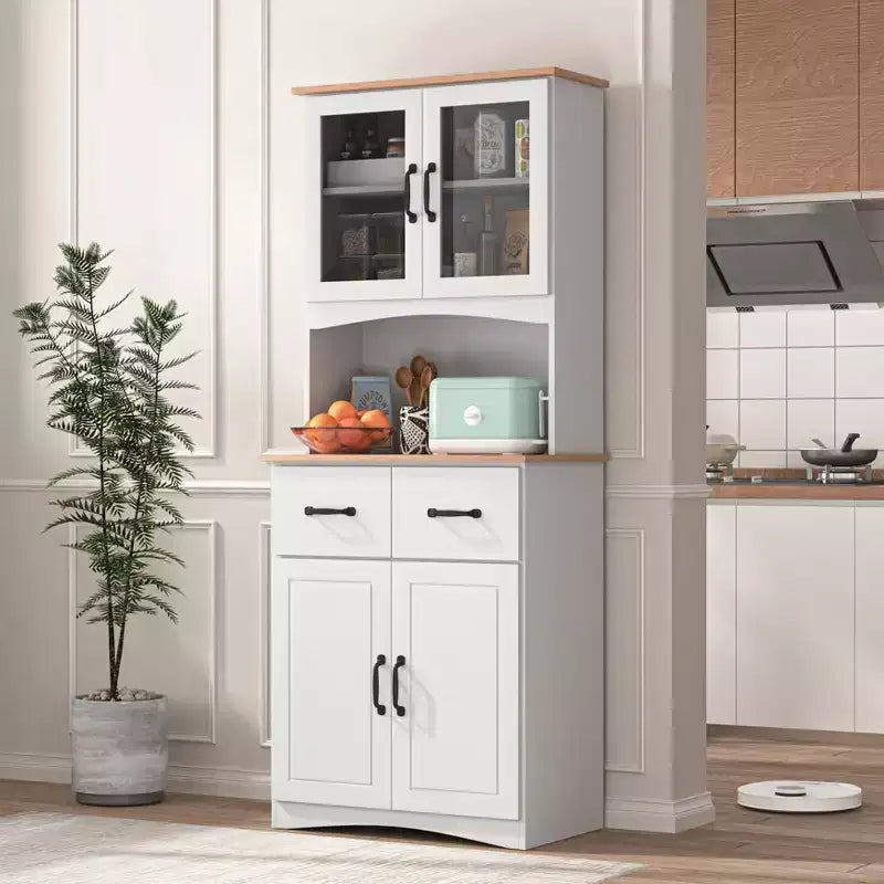 JVNOXK 23-inch Wooden Kitchen Cabinet, Pantry Microwave Cabinet with Glass Doors and Drawers, Featuring Adjustable Shelves, White
