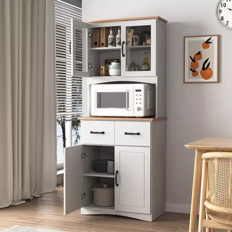JVNOXK 23-inch Wooden Kitchen Cabinet, Pantry Microwave Cabinet with Glass Doors and Drawers, Featuring Adjustable Shelves, White
