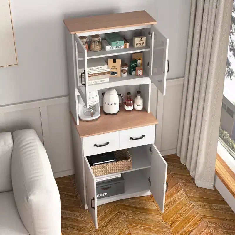 JVNOXK 23-inch Wooden Kitchen Cabinet, Pantry Microwave Cabinet with Glass Doors and Drawers, Featuring Adjustable Shelves, White