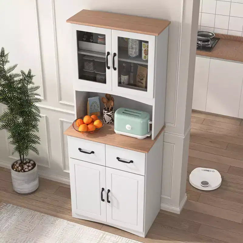 JVNOXK 23-inch Wooden Kitchen Cabinet, Pantry Microwave Cabinet with Glass Doors and Drawers, Featuring Adjustable Shelves, White