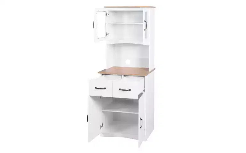JVNOXK 23-inch Wooden Kitchen Cabinet, Pantry Microwave Cabinet with Glass Doors and Drawers, Featuring Adjustable Shelves, White