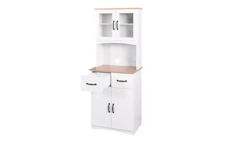 JVNOXK 23-inch Wooden Kitchen Cabinet, Pantry Microwave Cabinet with Glass Doors and Drawers, Featuring Adjustable Shelves, White