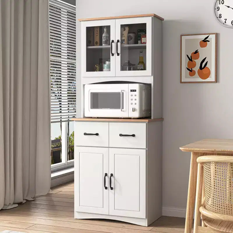 JVNOXK 23-inch Wooden Kitchen Cabinet, Pantry Microwave Cabinet with Glass Doors and Drawers, Featuring Adjustable Shelves, White