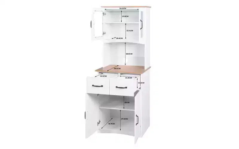 JVNOXK 23-inch Wooden Kitchen Cabinet, Pantry Microwave Cabinet with Glass Doors and Drawers, Featuring Adjustable Shelves, White