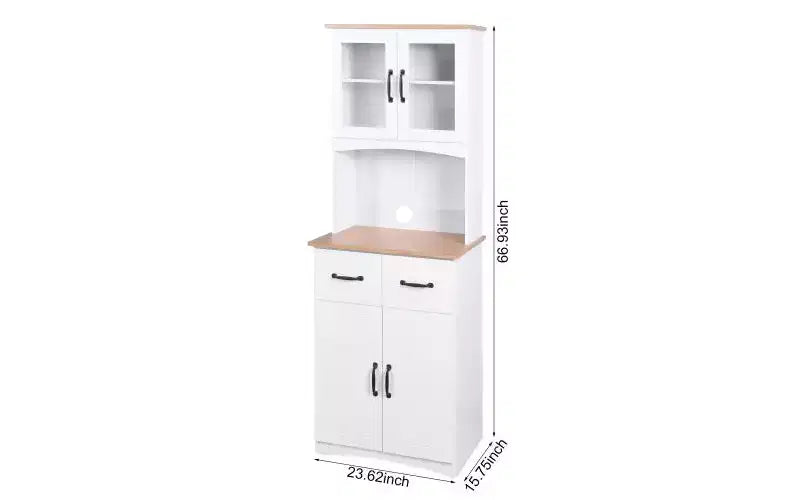 JVNOXK 23-inch Wooden Kitchen Cabinet, Pantry Microwave Cabinet with Glass Doors and Drawers, Featuring Adjustable Shelves, White