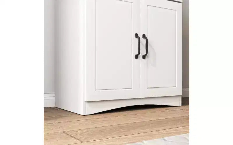 JVNOXK 23-inch Wooden Kitchen Cabinet, Pantry Microwave Cabinet with Glass Doors and Drawers, Featuring Adjustable Shelves, White