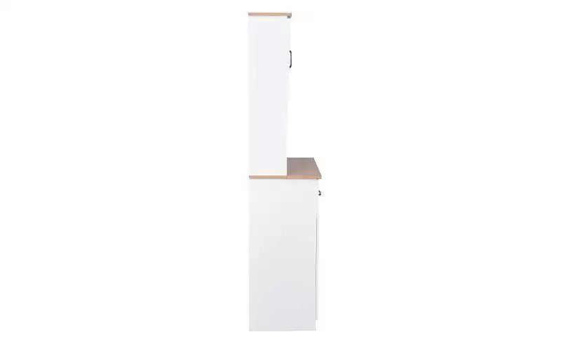 JVNOXK 23-inch Wooden Kitchen Cabinet, Pantry Microwave Cabinet with Glass Doors and Drawers, Featuring Adjustable Shelves, White