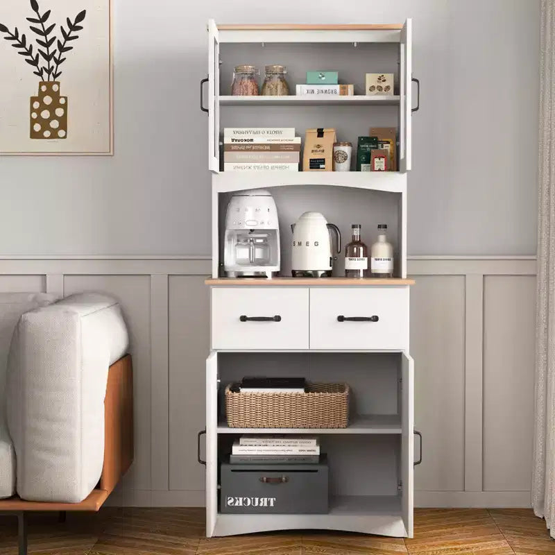 JVNOXK 23-inch Wooden Kitchen Cabinet, Pantry Microwave Cabinet with Glass Doors and Drawers, Featuring Adjustable Shelves, White