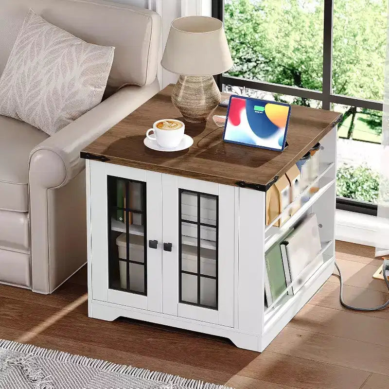 ACOINEL Farmhouse End Table with Charging Station, 23.6 Square Side Table for Living Room, White & Walnut Nightstand with Glass Barn Door