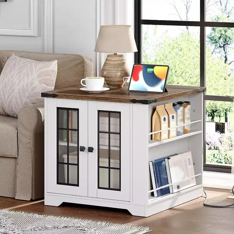 ACOINEL Farmhouse End Table with Charging Station, 23.6 Square Side Table for Living Room, White & Walnut Nightstand with Glass Barn Door