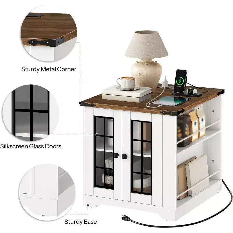ACOINEL Farmhouse End Table with Charging Station, 23.6 Square Side Table for Living Room, White & Walnut Nightstand with Glass Barn Door