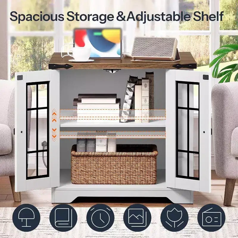 ACOINEL Farmhouse End Table with Charging Station, 23.6 Square Side Table for Living Room, White & Walnut Nightstand with Glass Barn Door