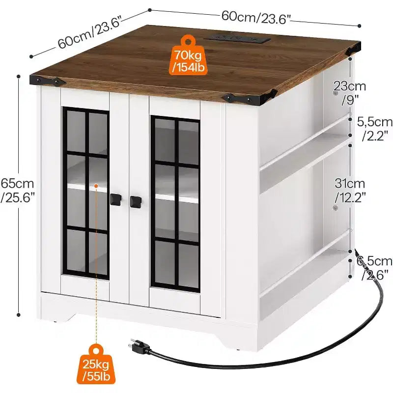 ACOINEL Farmhouse End Table with Charging Station, 23.6 Square Side Table for Living Room, White & Walnut Nightstand with Glass Barn Door