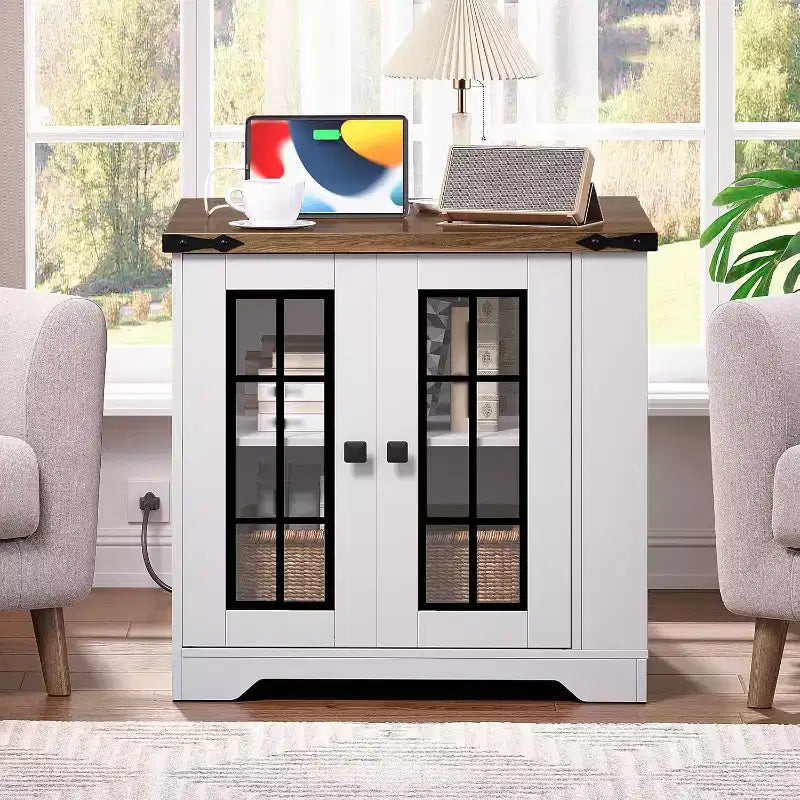 ACOINEL Farmhouse End Table with Charging Station, 23.6 Square Side Table for Living Room, White & Walnut Nightstand with Glass Barn Door
