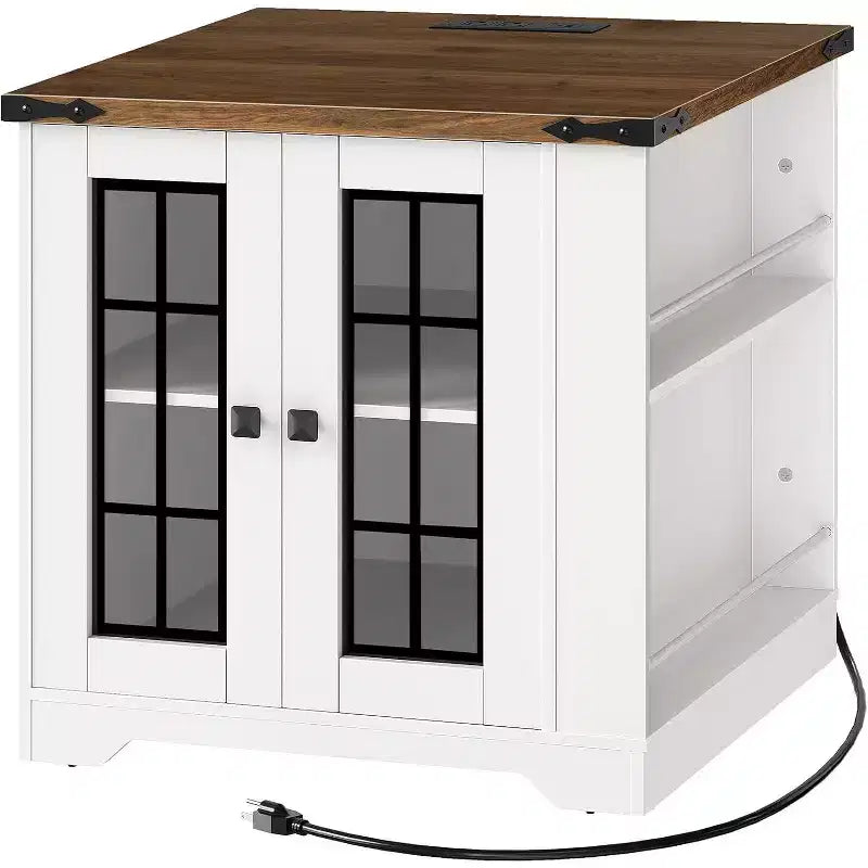 ACOINEL Farmhouse End Table with Charging Station, 23.6 Square Side Table for Living Room, White & Walnut Nightstand with Glass Barn Door