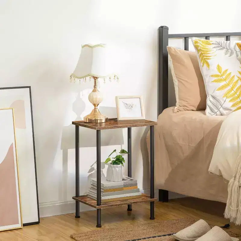 ACOINEL End Table, Small Side Table with 2-Layer Storage Shelves, Industrial Sofa Table for Small Spaces, Living Room/Bedroom